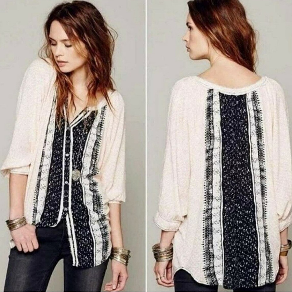 Beautiful Free People Days of Romance peasant top, black and pink, size M